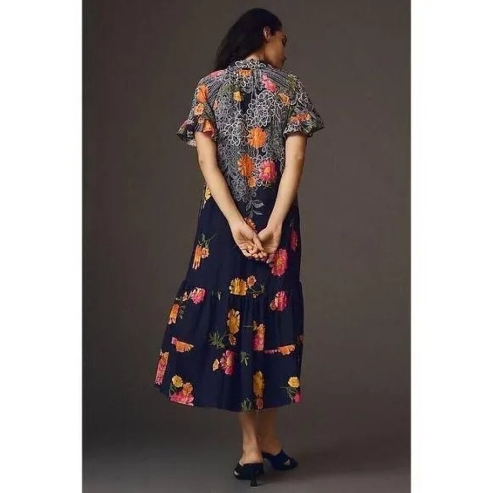 NEW Anthropologie Floral Blue Motif Midi Dress Navy blue floral Oversized Small - Picture 8 of 8